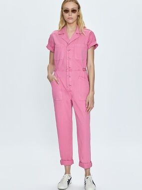 pistola Pink Short-Sleeve Button-Front Grover Utility Jumpsuit